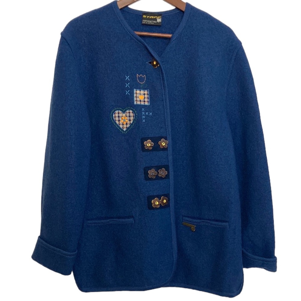 Stapf Sweater Womens 40 Large Blue Wool Cardigan Traditional Made in Austria